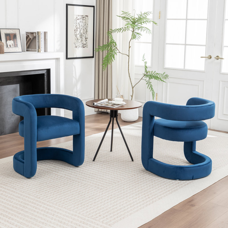 Modern Upholstered Barrel Chair, Navy Velvet
