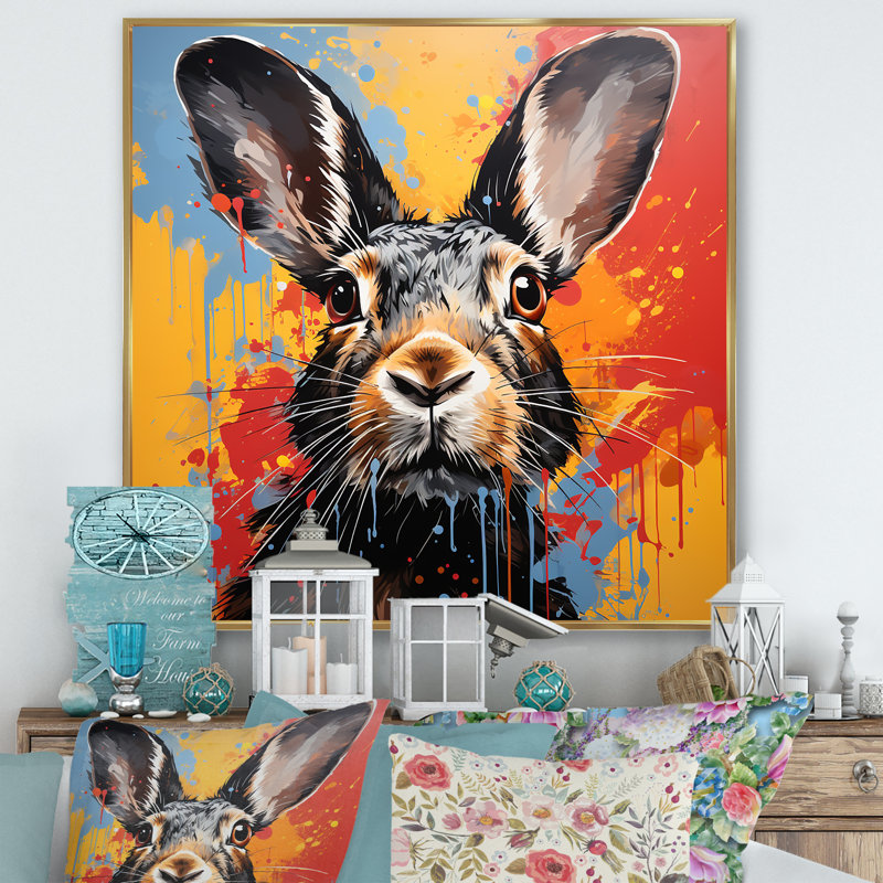 Représentation pop art d'un lapin aux nuances II, H 16 po x l 16 po x P 1 po, Cadre flottant doré