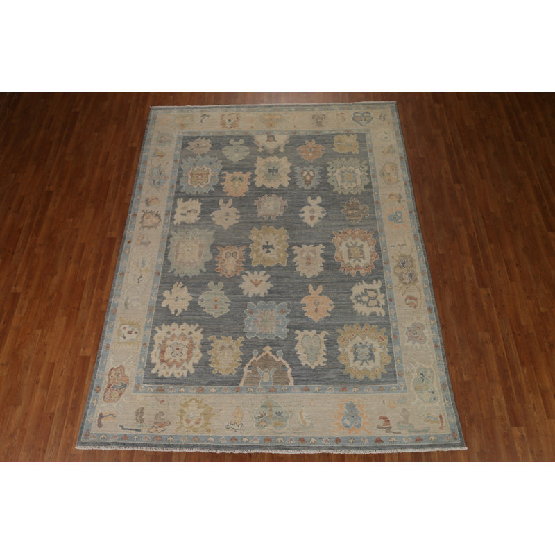 Tapis orange / bleu en laine noué à la main 7 pi 11 po x 10 pi 3 po Floral