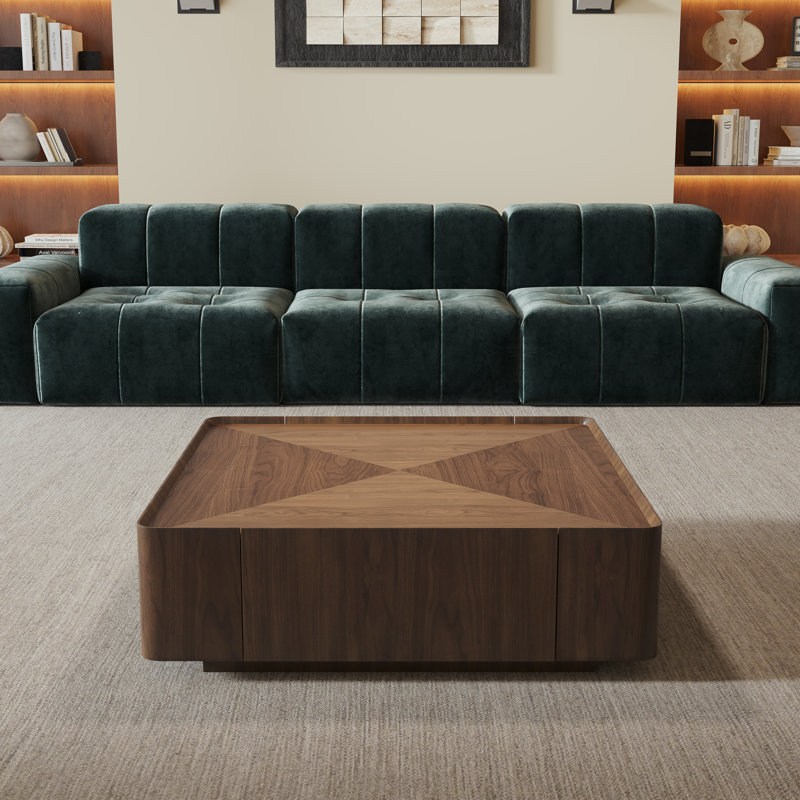 35.4” Single Walnut Square Coffee Table With Storage, 15.75”H x 35.43”W x 35.43”D