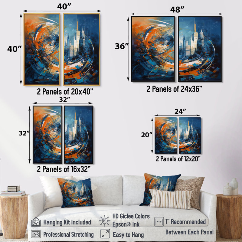 Orange et bleu, équilibre géométrique IV - art mural sur toile bleu 2 pièces, H 32 po x l 32 po, Toile tendue