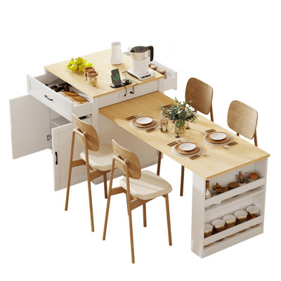 Extendable Dining Table For 4-6 Person,Kitchen Table With Double-Sized Storage, Power Outlet, Kitchen Island With Storage 2 Drawers 2 Side Open Shelve by Latitude Run
