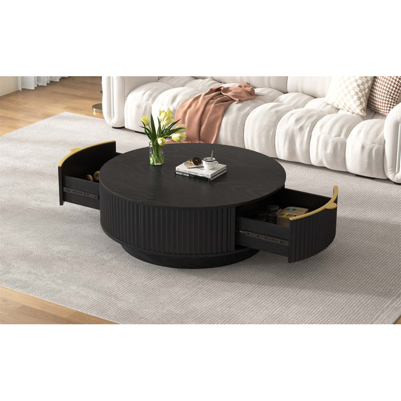 Table basse Farmhouse ronde avec tiroir de rangement, conception cannelée moderne pour le salon, centre de table élégant en bois avec rangement caché
