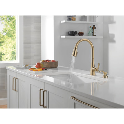 Robinet de cuisine Boyd en or brossé avec douchette extractible et distributeur de savon, robinet d'évier de cuisine monotrou moderne, poignée simple, bronze champagne