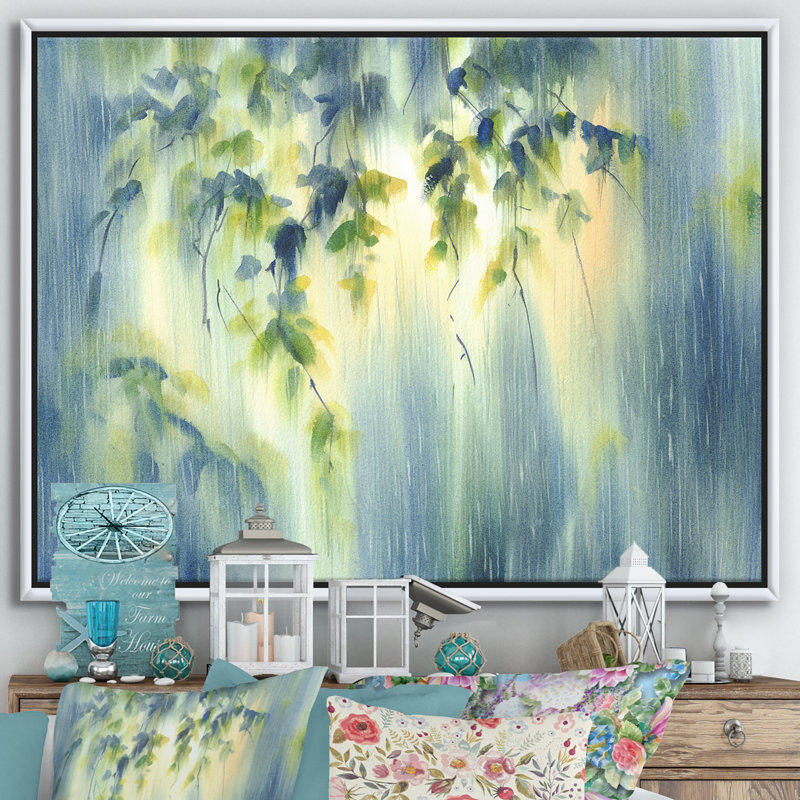 «RaIn Falling Down in Green Lit Forest II», reproduction d'art sur toile, Toile avec cadre blanc