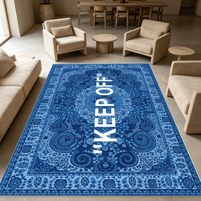 Blue "KEEP OFF" Persian Style area rugs for Living Room, Soft and Comfortable, Suitable for all seasons, easy to maintain, machine washable Indoor floor mat, Under Table Farmhouse suitable for Bedroom, Dining Room, Study,  Balcony, Home Decor Patio