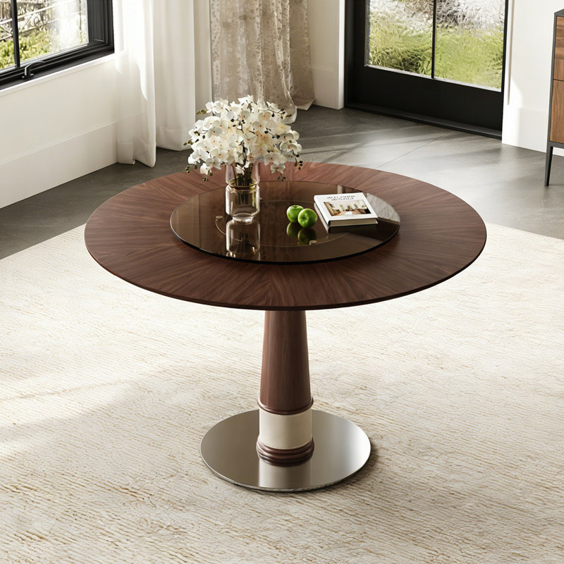Table ronde en bois massif 47 po avec plateau tournant en verre trempé 23 po - Base en acier inoxydable