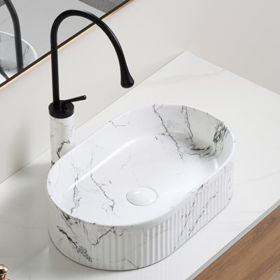 Black White Marble Oval Vessel Sink 19X12 Inch, Porcelain Ceramic Above Counter Bathroom Washing Art Basin | Gift Idea