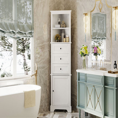 Triangle Tall Cabinet With 3 Drawers And Adjustable Shelves For Bathroom, Kitchen Or Living Room, MDF Board With Painted Finish