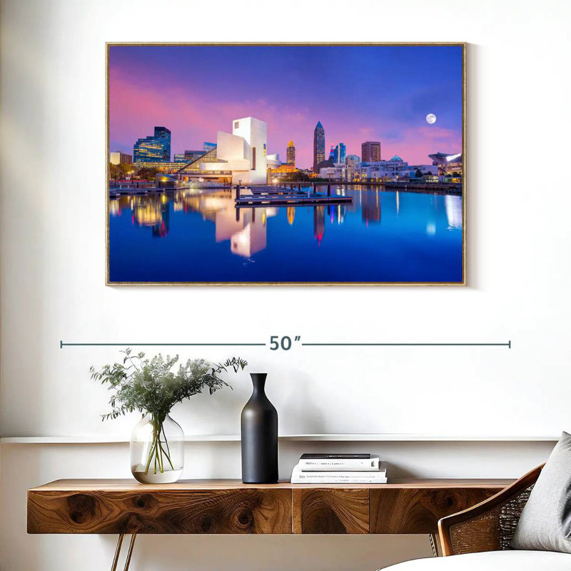 Horizon du centre-ville de Cleveland, 40 po x 27 po, Cadre flottant en bois naturel