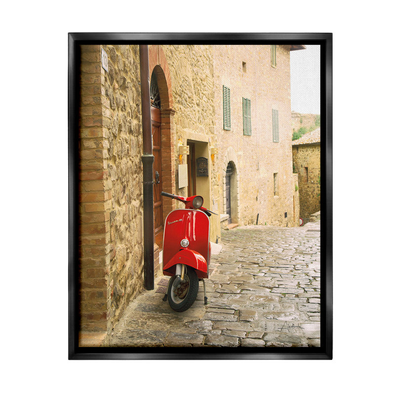 "Red Moped In City" par Aledanda sur toile, Cadre flottant noir de jais, H 31 po x l 25 po