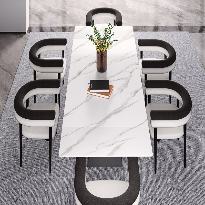 Chinguun 94.5'' Extendable Sintered Stone Dining Table With Upholstered Fabric Armchairs Dining Set