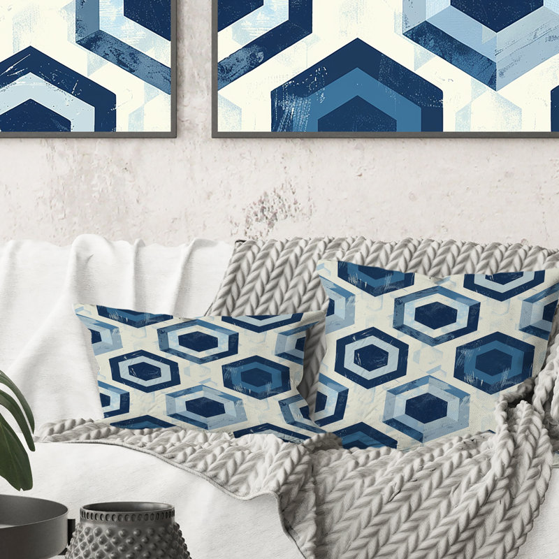 Coussin lombaire Mid-Century à imprimé hexagonal bleu marine I