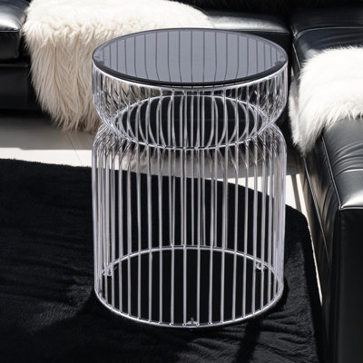 Table de bout ronde moderne noire avec verre trempé teinté, hauteur de 24 po, conception à structure ouverte, autoportante, finition brillante pour le salon, plateau en verre à café, haut, aspect de rangement ouvert, espace principal