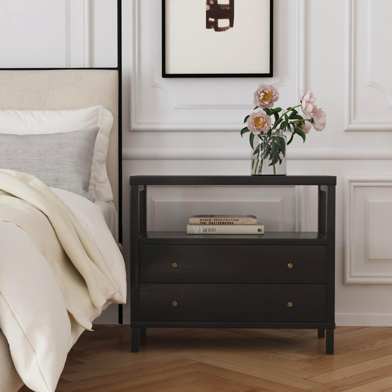 2-Drawer Wood Nightstand, Black, Black
