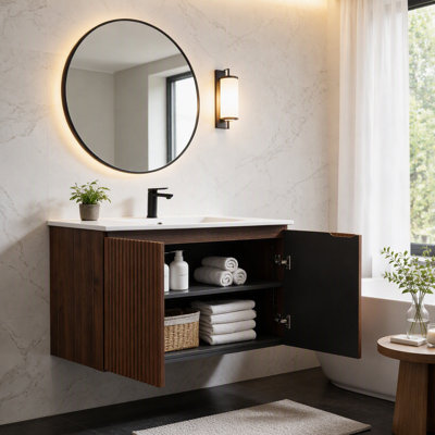 Meuble mural pliant en noyer de 76 cm avec évier en céramique YTCW061S-075WA6-W – Installation brevetée en 1 minute, gain de place et montage facile, style moderne