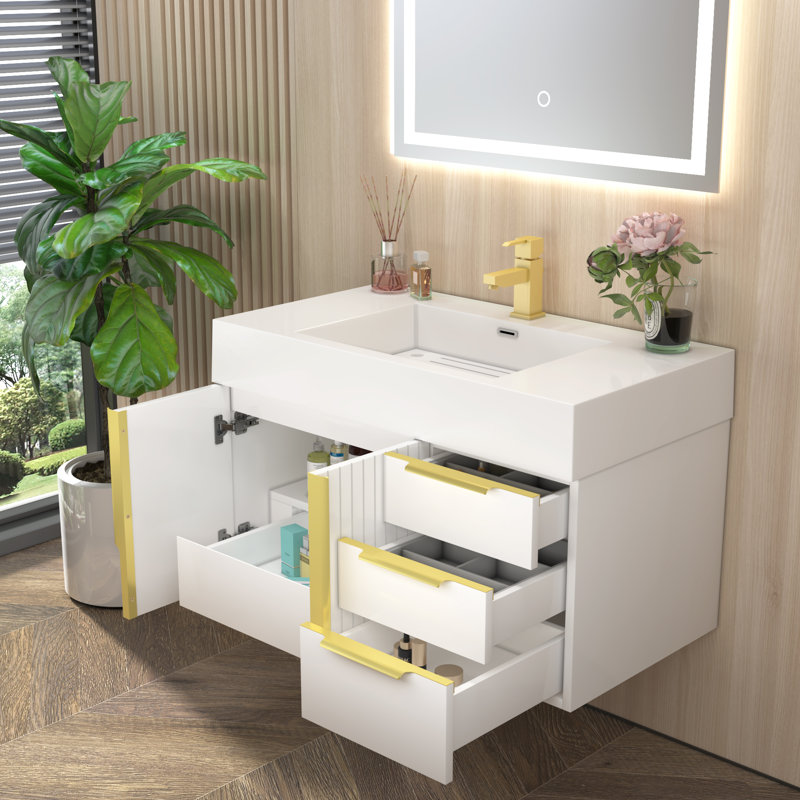 Meuble-lavabo flottant Milana avec lavabo en acrylique renforcé blanc brillant et tiroirs à droite, 36"
