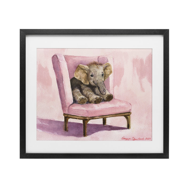 «Elephant Baby on Pink Chair», reproduction encadrée sous verre, conception de George Dyachenko, H 13 po x l 16 po