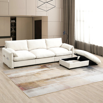 Canapé modulaire en forme de L de 96,5 po avec repose-pieds et poches de rangement, support de téléphone réglable, chargeur USB, accoudoirs éléphants en forme d'oreille, siège confortable pour le salon et appartement, chenille, 3 couleurs