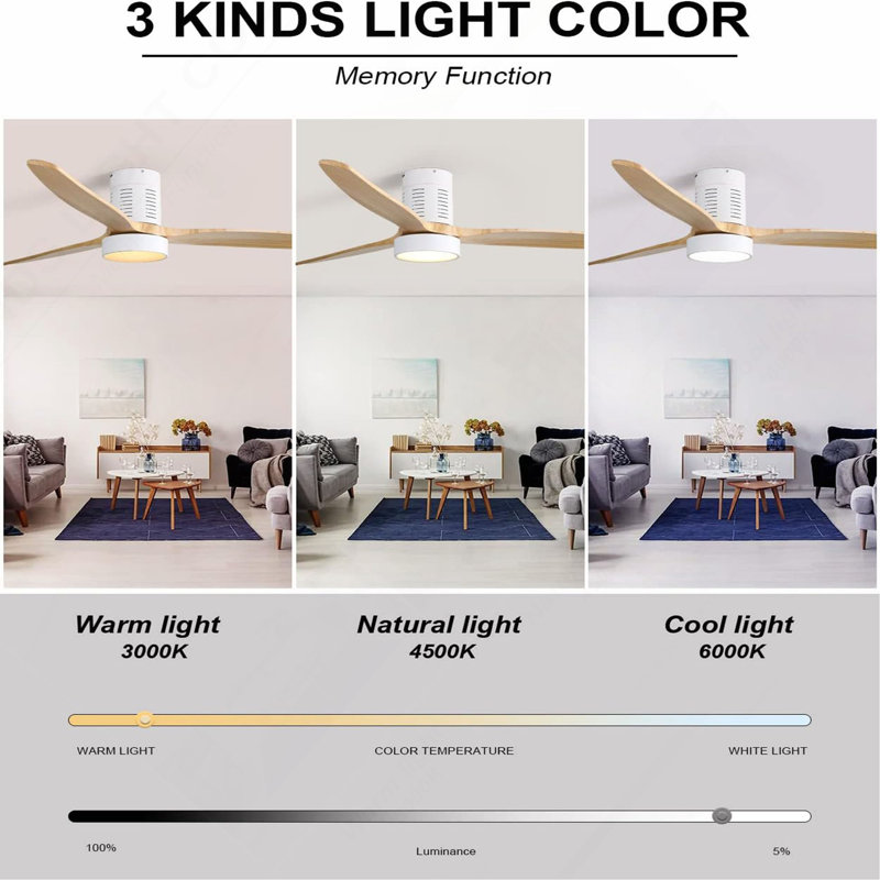 Ventilateur de plafond encastré de 52 pouces avec lumière DEL et télécommande, Naturel, Blanc