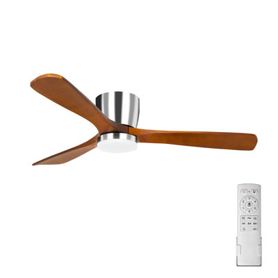 Ventilateur de plafond encastré argenté de 52 pouces avec lumière, 3 pales en bois massif, lumière DEL 3 couleurs, moteur à courant continu réversible à 6 vitesses, télécommande
