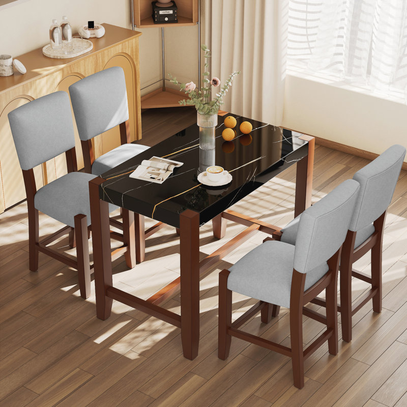 Ensemble de table de salle à manger 5 pièces à hauteur de comptoir, table de bar en faux marbre et 4 chaises rembourrées, ensemble de salle à manger moderne de style Mid-Century pour la salle à manger, cuisine de pub, petite place