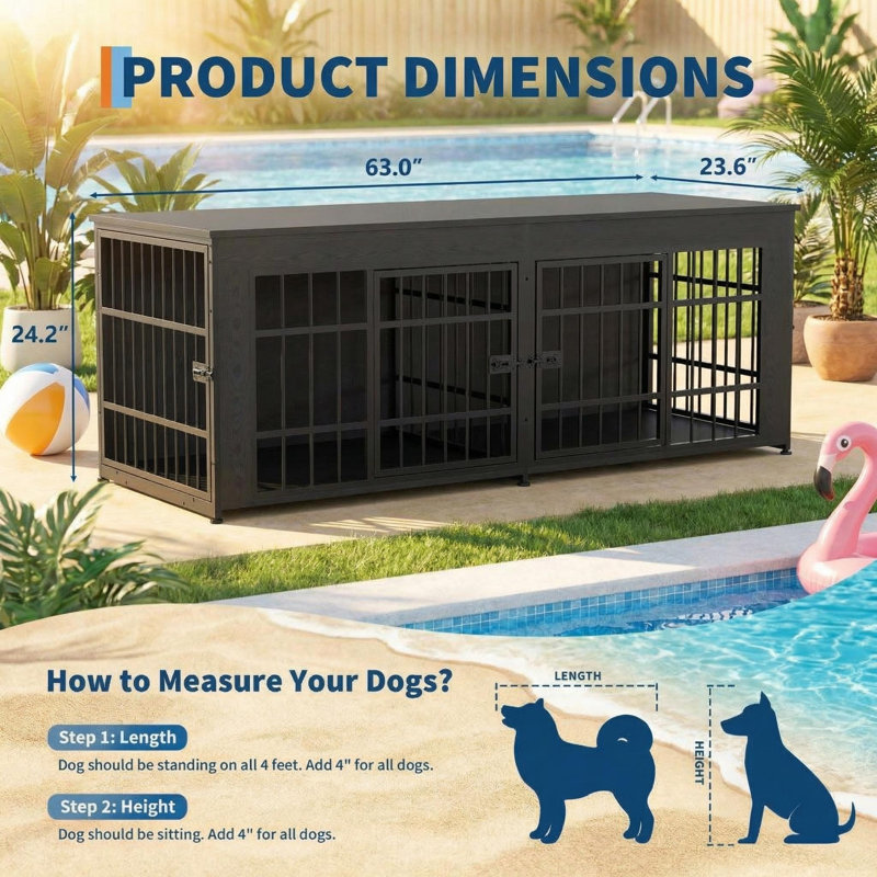 Grande cage de 63 po pour 2 chiens, chenil d'intérieur avec grand comptoir, meuble télé double avec cage pour petits et moyens chiens.