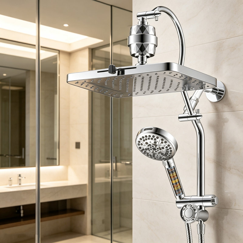 Pomme de douche à double pluie filtrée avec 10 jets à main, Chrome chrome