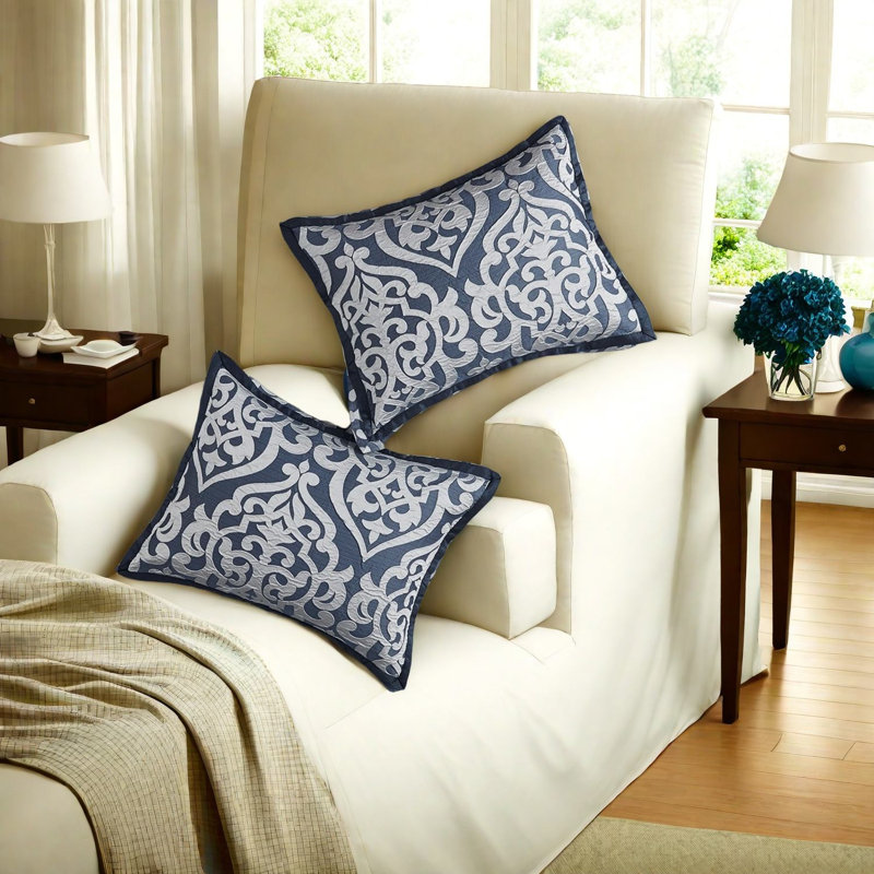 Luxurious Navy And Silver Bedding Set, Polyester Damask For Modern Bedrooms