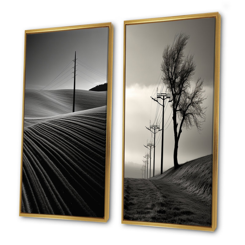 «Power Lines Mimalisme», ensemble de 2 reproductions d'art sur toile, Encadrement doré, H 28 po x l 25 po