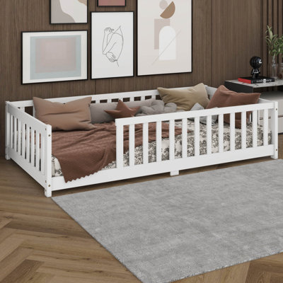 Lit simple pour enfants, cadre de lit Montessori en bois massif avec garde-corps de sécurité, lit Montessori pour tout-petits sans porte