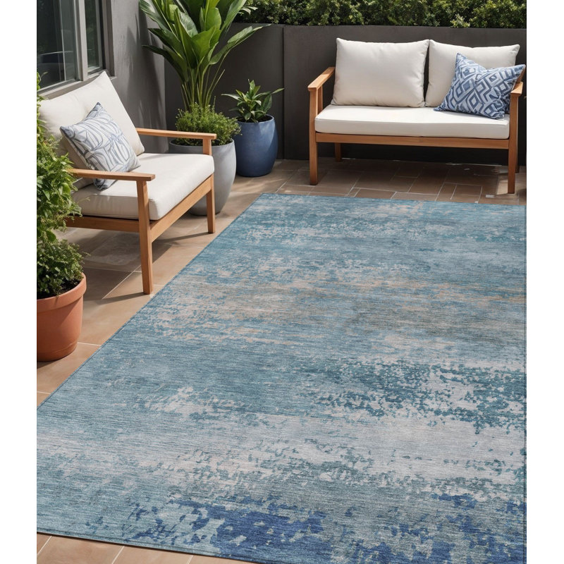 Tapis d'extérieur lavable abstrait bleu ciel et gris 5 pi x 8 pi