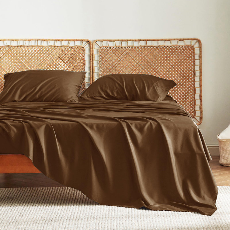 Ensemble de draps en rayonne de bambou Essential Collection, Ensemble de draps pour très grand lit avec 2 taie, Brun