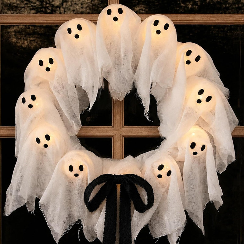 Couronne d'Halloween fantôme avec lumières, jolie décoration fantôme effrayante avec 8 modes d'éclairage, minuterie et télécommande, couronne festive pour porte d'entrée, porche, fenêtre, mur et décoration intérieure