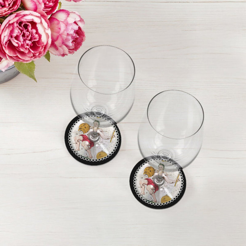 Zodiac Aquarius White Vegan Leather Round Coasters, Black