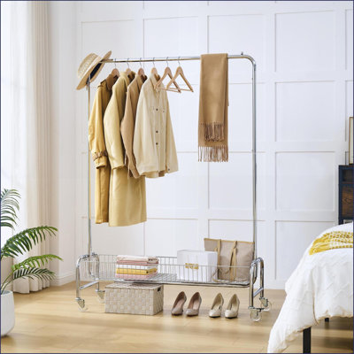 Portant à vêtements - roulant avec panier de rangement, robuste | Argent | Fer