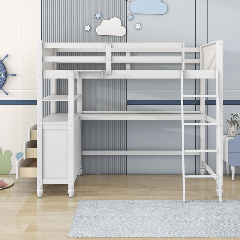 Dorie Kids 6 Drawers Wooden Loft Bed With Desk and Shelves, White, Twin