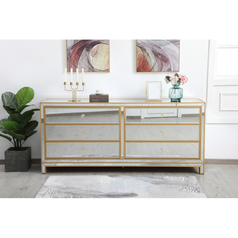 Commode double 6 tiroirs Rotella Mirrored, Doré