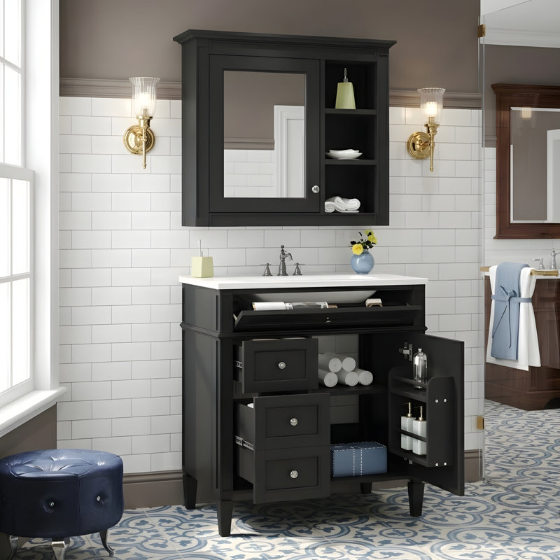 Meuble-lavabo de 30 po avec lavabo en céramique et armoire à pharmacie, Noir