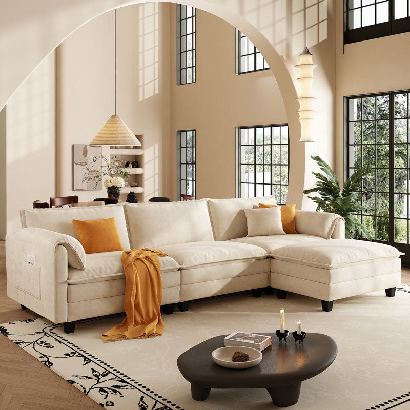 107" L Shaped Modular Sectional Cloud Couch, Beige Chenille