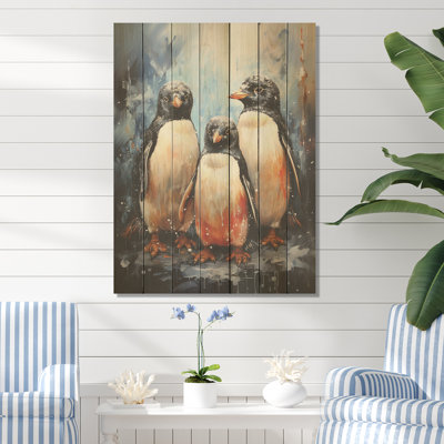 Winter Feathers Penguin Family - Penguin On Wood Print