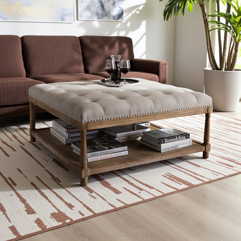Ventura Coffee Table in Weathered Oak & Beige Linen Upholstery, 18.29'' H X 39.24'' W X 39.24'' D