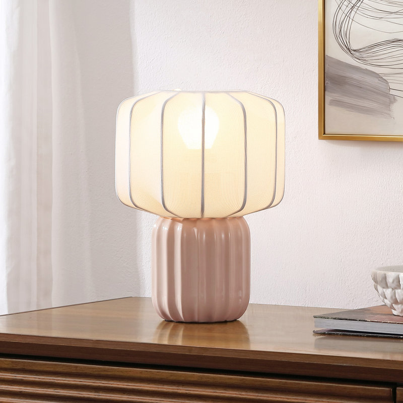 Lampe de table DEL Leola de 10 po en céramique cannelée, de style moderne contemporain, avec abat-jour cocon côtelé en forme de citrouille