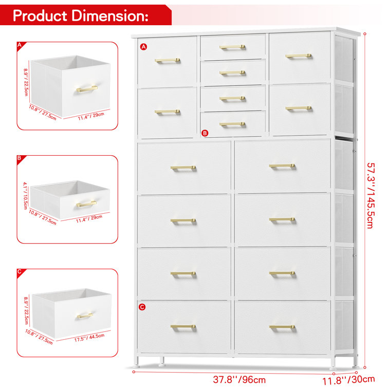 Dresser for Bedroom 16 Drawers, Tall White Fabric Dresser Organizer with  Wood Top&Leather Front