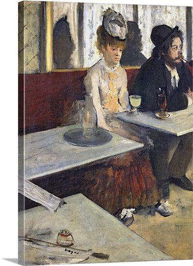 «In a Cafe, or The Absinthe, c.1875 76» par Edgar Degas, reproduction d'art, H 24 po x l 18 po x P 1,25 po, Toile