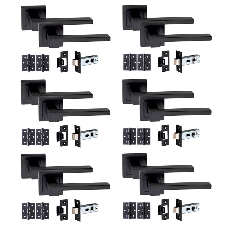  6 Pairs Zeta Design Door Handles Lever Latch on Square Rose in Matt Black Finish with Tubular Latch and Pair of 3" Ball Bearing Hinges