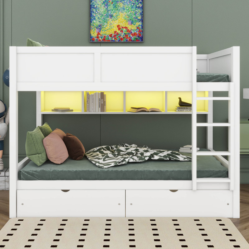 Lit double superposé au dessus d'un lit double avec 2 tiroirs, lit superposé en bois avec armoires de rangement et lumières DEL, aucun sommier nécessaire