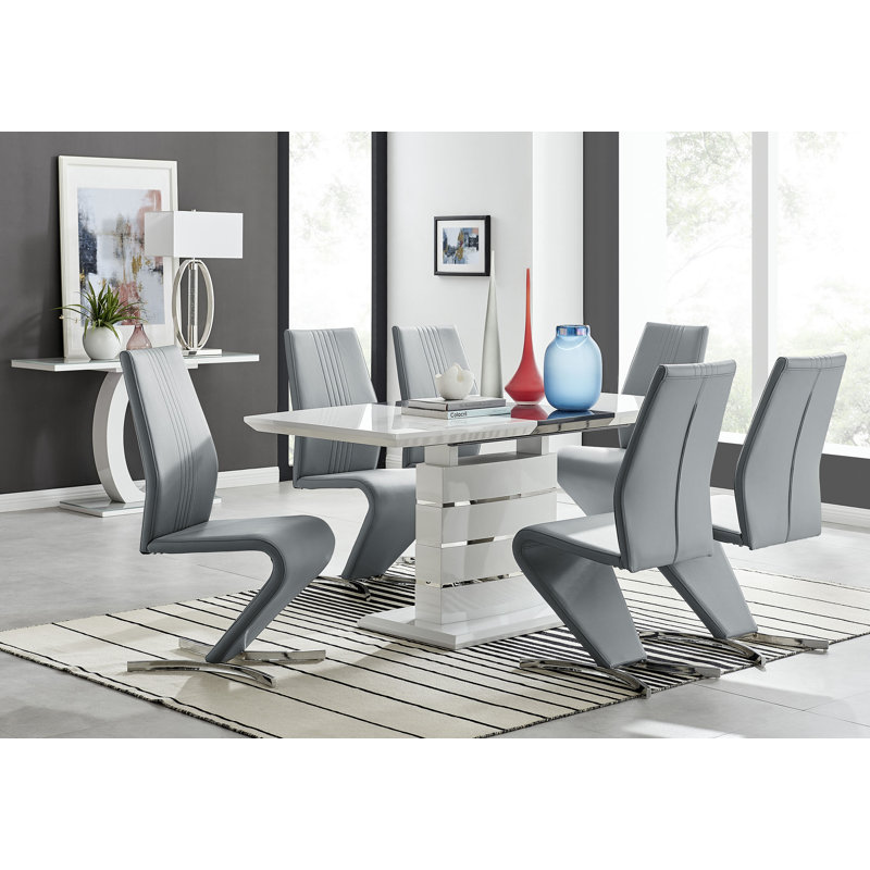 Renne Modern High Gloss Extendable Dining Table Set With 6 Modern Design Faux Leather Dining Chairs, Grey/Silver