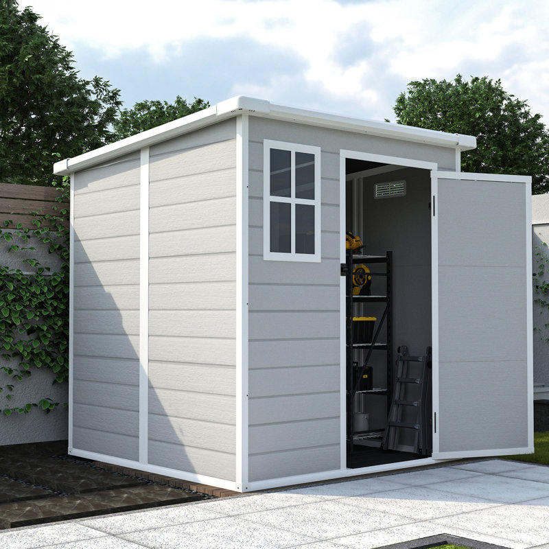 Remise extérieure en polypropylène 6 x 6 pi, imperméable, avec plancher, fenêtre pour la cour, rangement, résine imperméable, portes verrouillables, pelouse, jardin,