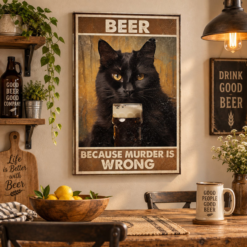 «Beer parce que Murder Is Wrong Cat Derrière Pint», art mural sur toile - Décoration de salon, de chambre à coucher ou de bureau